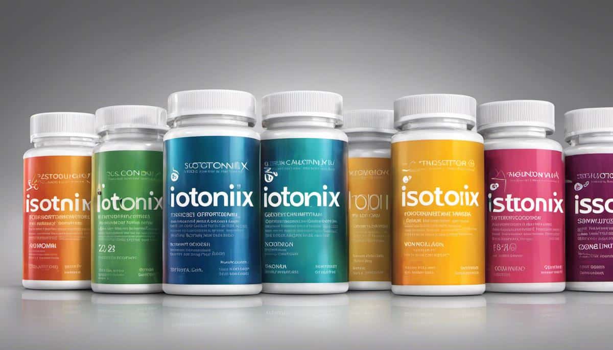 Illustration of Isotonix supplements showing different vitamin bottles with the Isotonix logo.